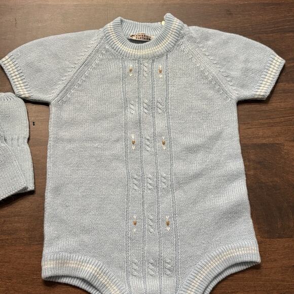 Vtg Italy Knit Romper Baby Blue One Piece Sz 3m mittens Strawbridge & Clothier - Picture 2 of 11